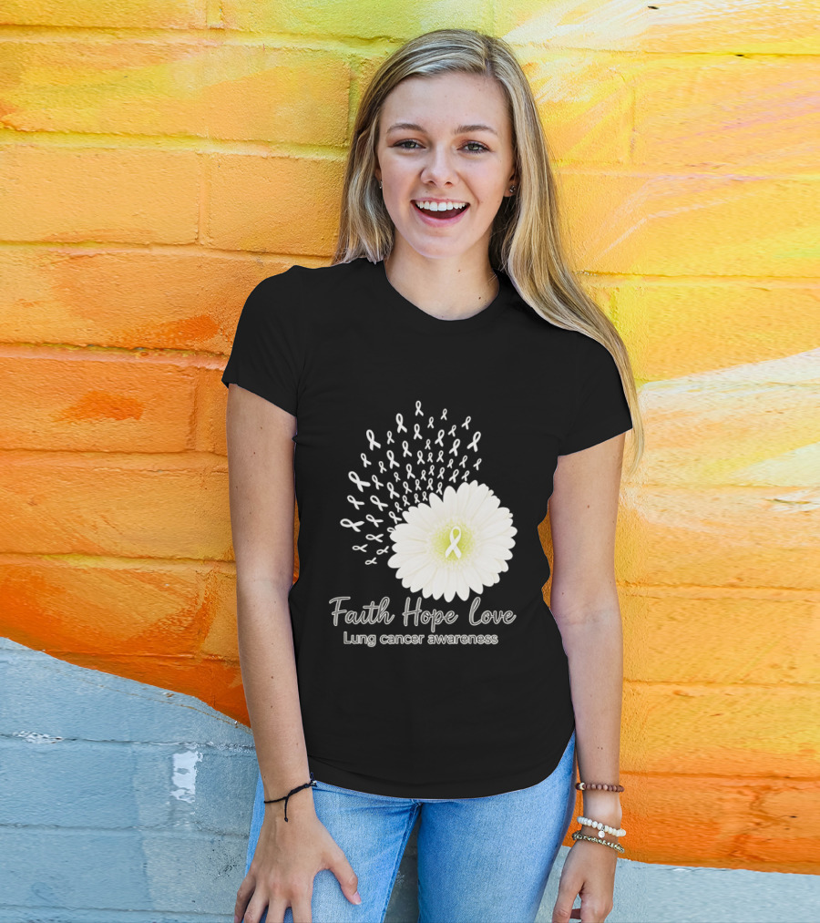 Faith Hope Love White Daisies And Ribbons Lung Cancer Awareness T-Shirt