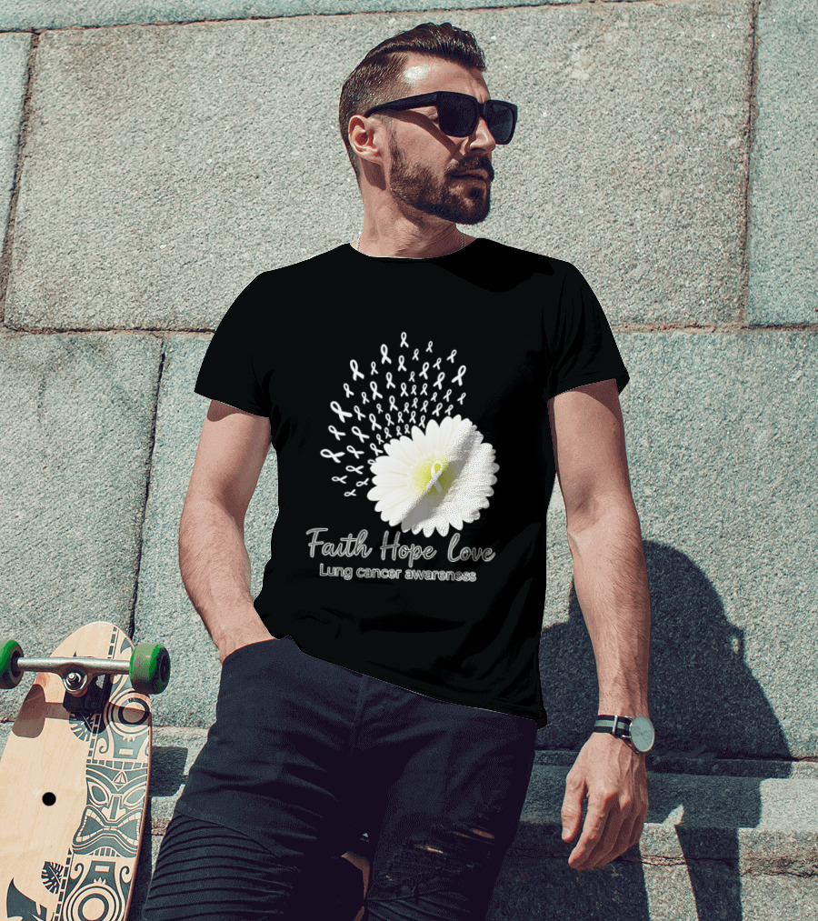 Faith Hope Love White Daisies And Ribbons Lung Cancer Awareness T-Shirt