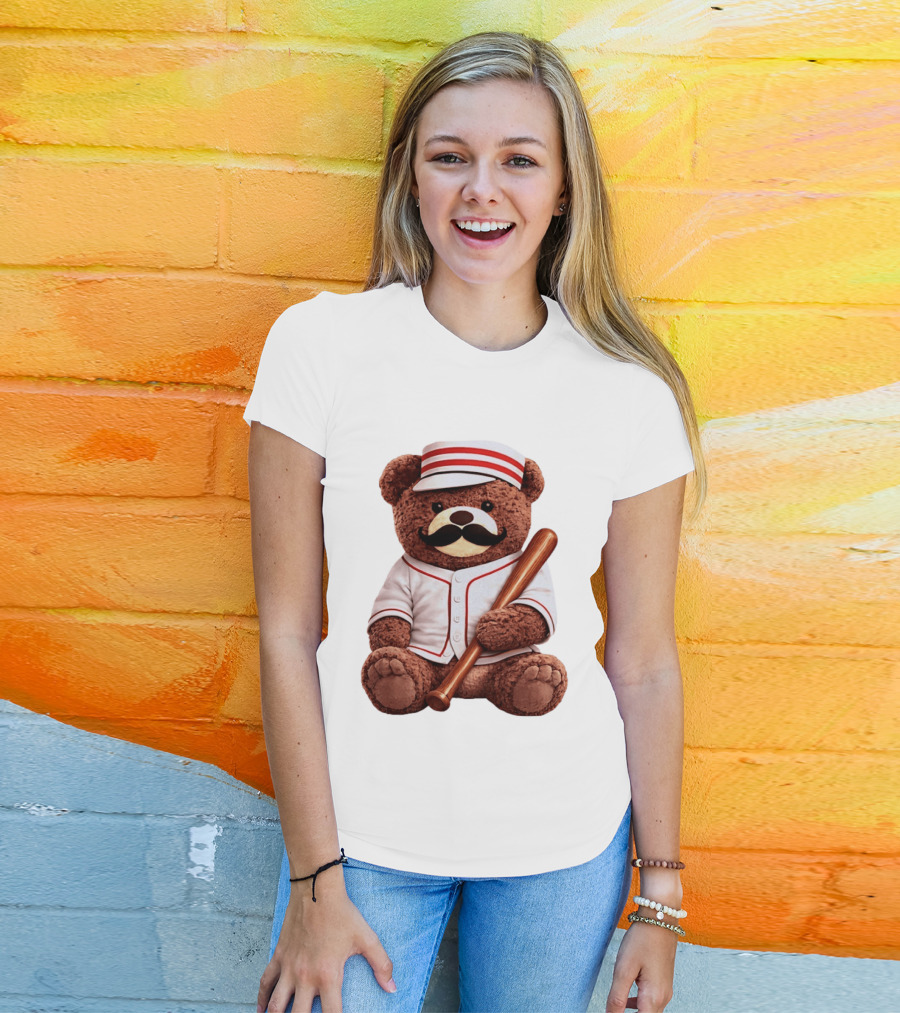 Teddy Bear Baseball Player With Bat And Jeyser Striped Uniform T-Shirt
