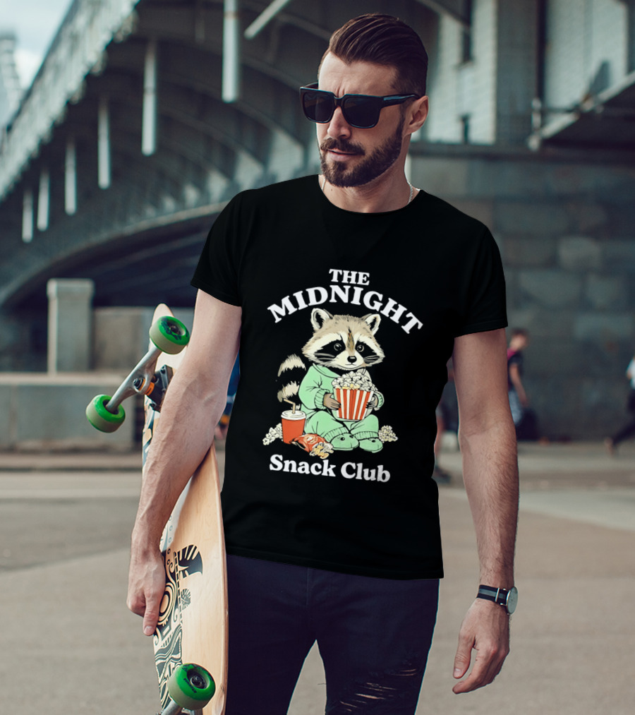 The Midnight Snack Club Raccoon Eating Butter Popcorn Pajamas T-Shirt