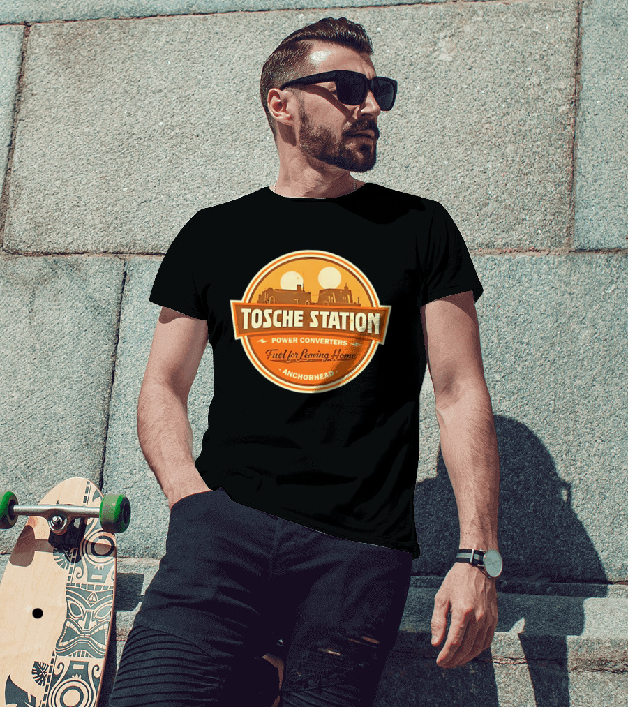 Tosche Station Power Converters Fuel For Leaving Home Anchorhead Twin Suns Desert Scene T-Shirt