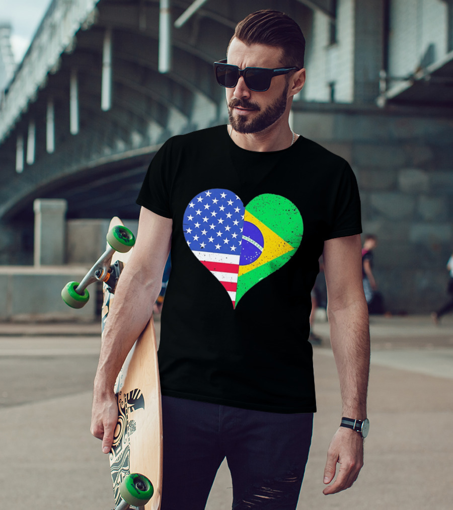 Brazilian And American Heart Flags Unity T-Shirt
