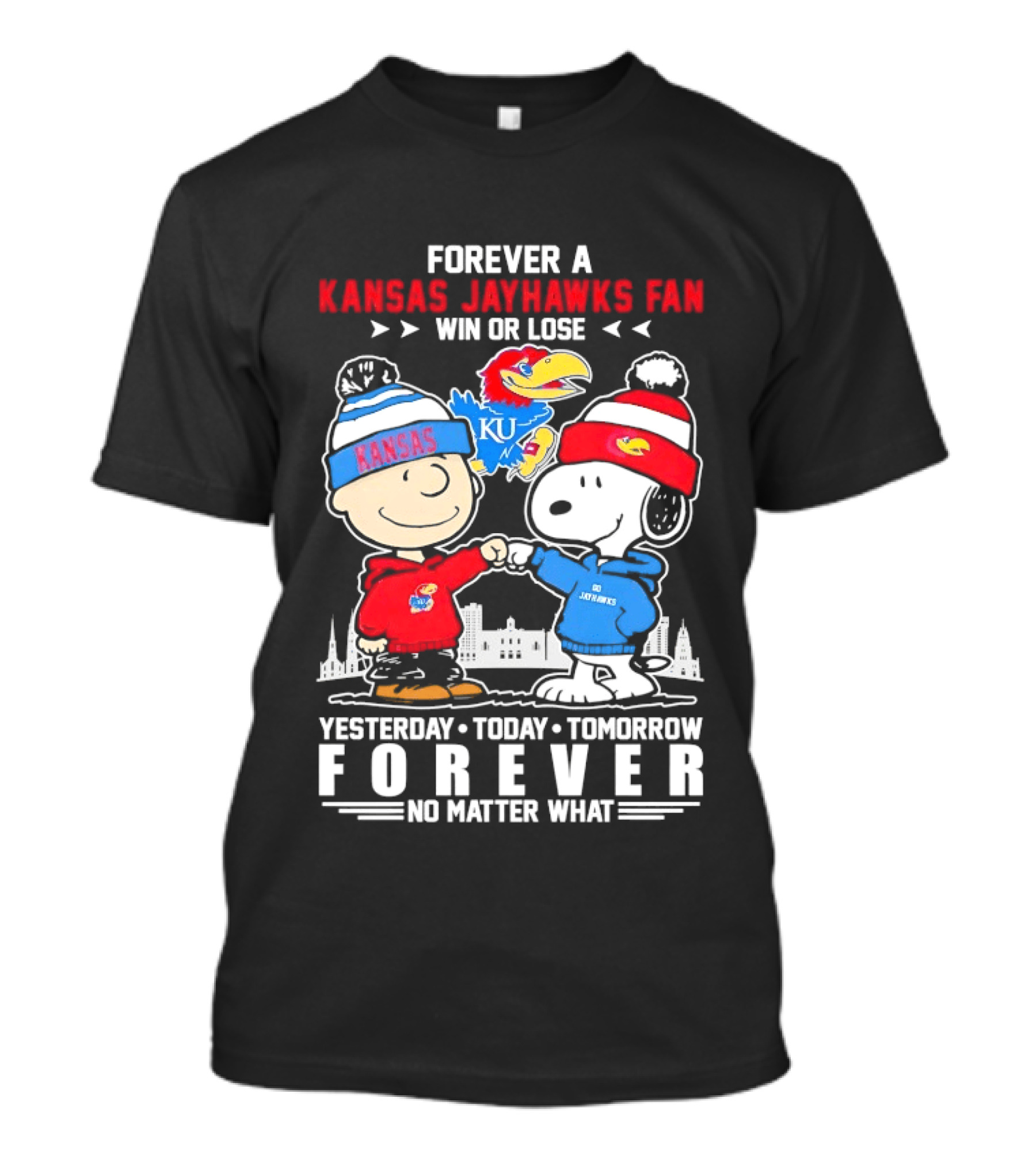 Kansas Jayhawks Fan Snoopy And Charlie Brown Win Or Lose Forever No Matter What T-Shirt