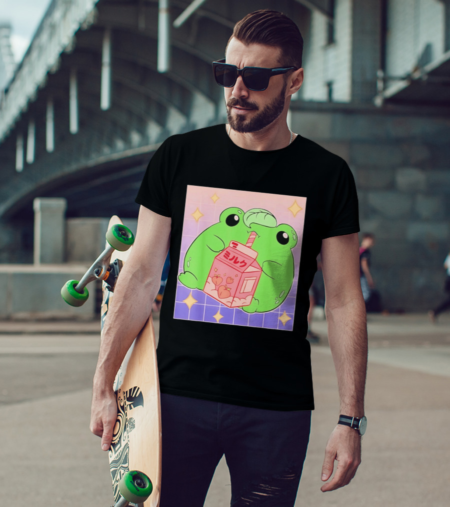 Frog With Peach Milk Box Kawaii Cartoon T-Shirt