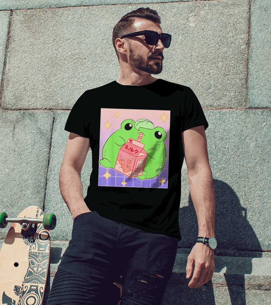 Frog With Peach Milk Box Kawaii Cartoon T-Shirt