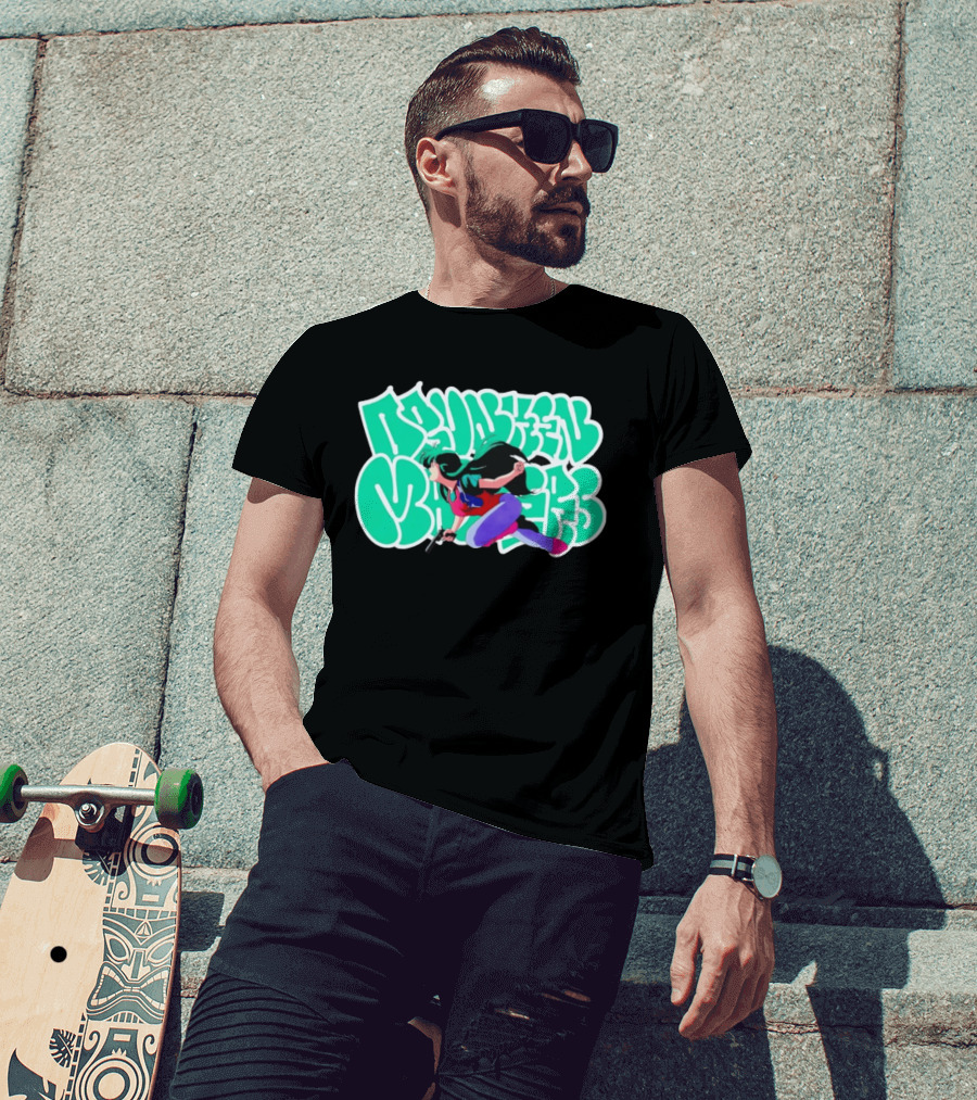 Drunken Masters Anime Girl Green Graffiti Gun Action T-Shirt