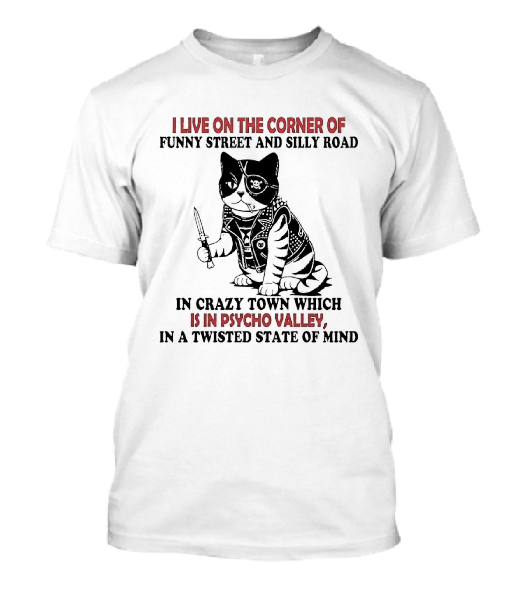 I Live On The Corner Of Funky Street And Silly Road In Crazy Town Psycho Valley Twisted State Of Mind T-Shirt
