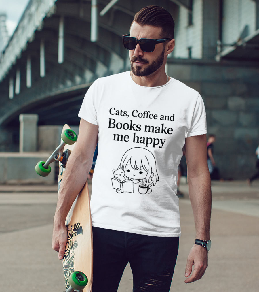 Cats Coffee And Books Make Me Happy With Adorable Cat And Girl Reading T-Shirt