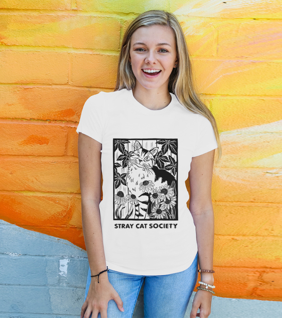 Stray Cat Society Floral And Feline Illustration With Botanical T-Shirt