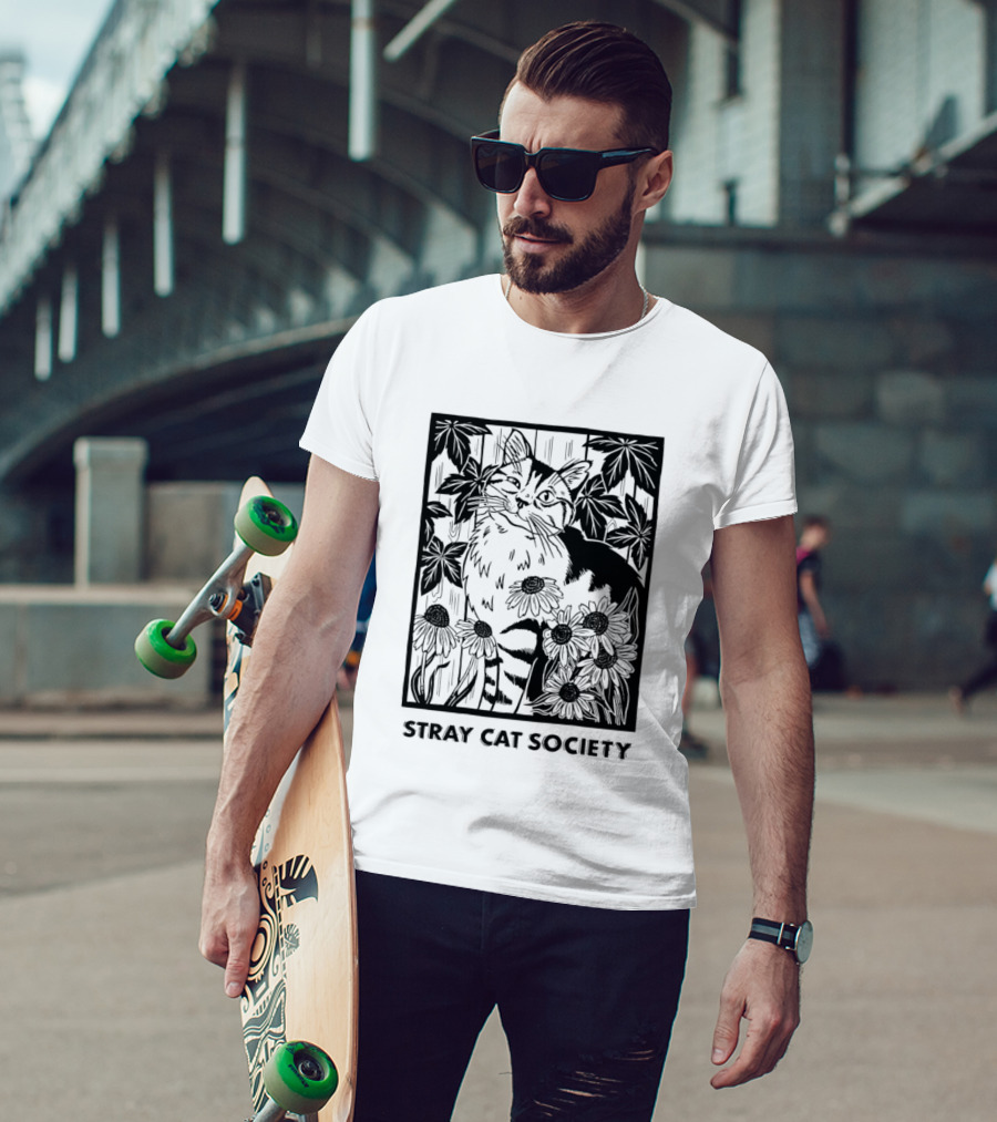 Stray Cat Society Floral And Feline Illustration With Botanical T-Shirt