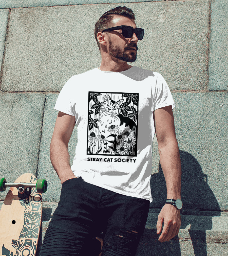 Stray Cat Society Floral And Feline Illustration With Botanical T-Shirt