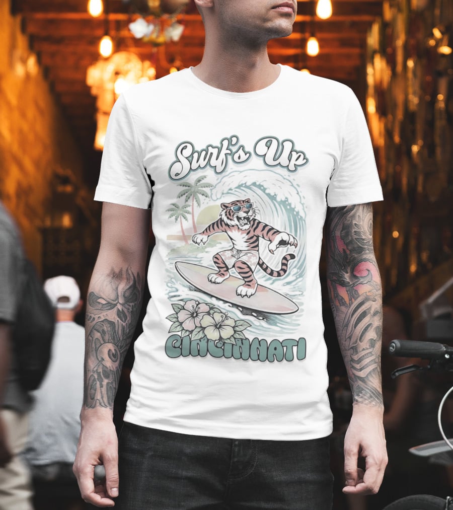 Surf's Up Cincinnati Tiger Riding Wave with Palm Trees and Sunset T-Shirt
