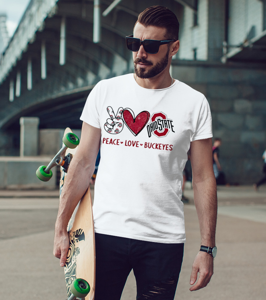 Ohio State Buckeyes Peace Love Buckeyes Hand Sign Heart Shape T-Shirt