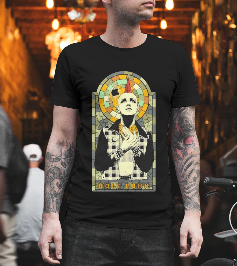 Holy Punk Rock Stained Glass Punk with Mohawk and Plaid Jacket T-Shirt