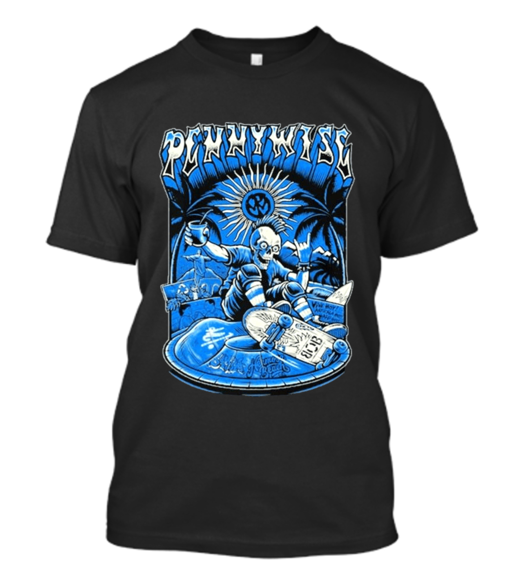 Pennywise South America Tour 2026 Skater Beach Scene With Skeleton And Skateboard Palms Waves Cup Blue Sunburst T-Shirt