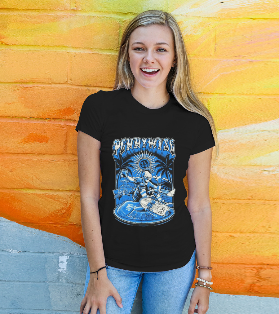 Pennywise South America Tour 2026 Skater Beach Scene With Skeleton And Skateboard Palms Waves Cup Blue Sunburst T-Shirt