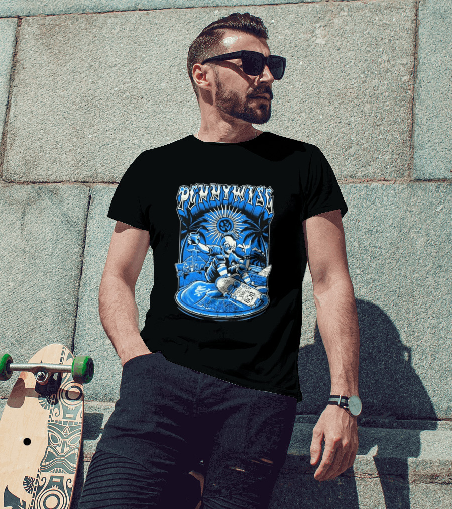 Pennywise South America Tour 2026 Skater Beach Scene With Skeleton And Skateboard Palms Waves Cup Blue Sunburst T-Shirt