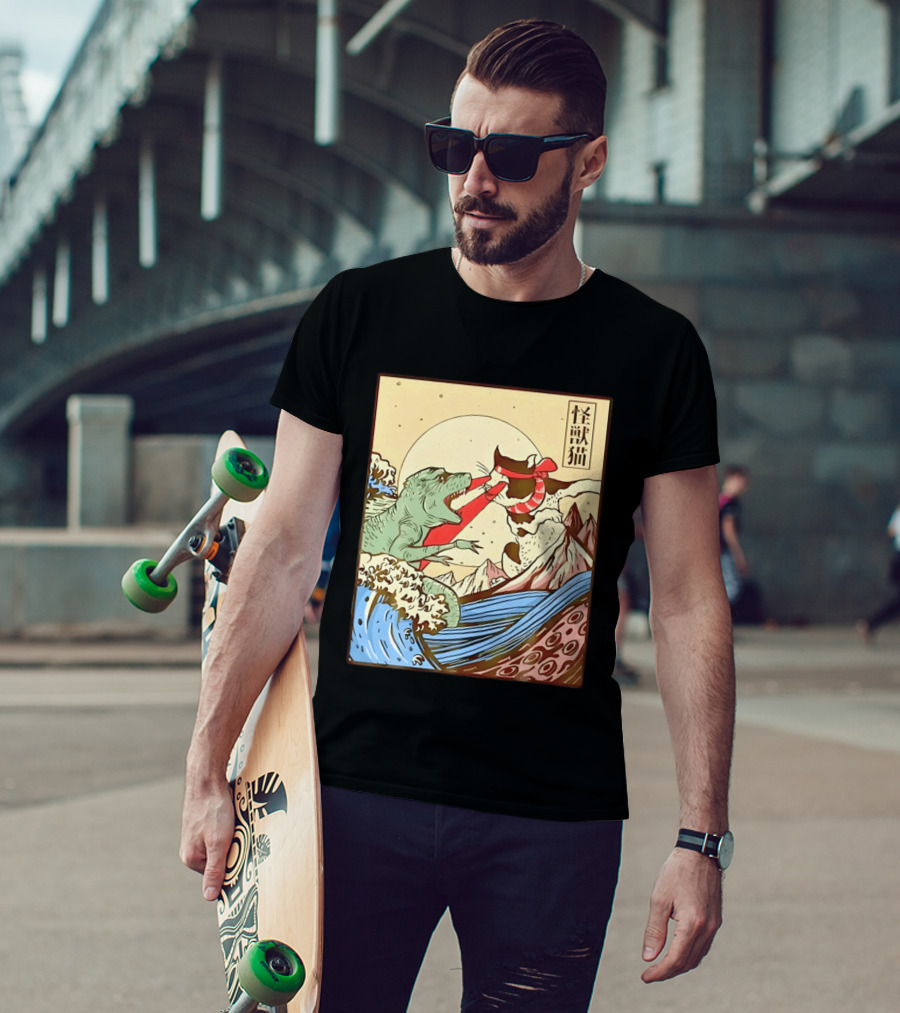 Japanese Great Wave Cat Vs Monster Classic Kaiju T-Shirt