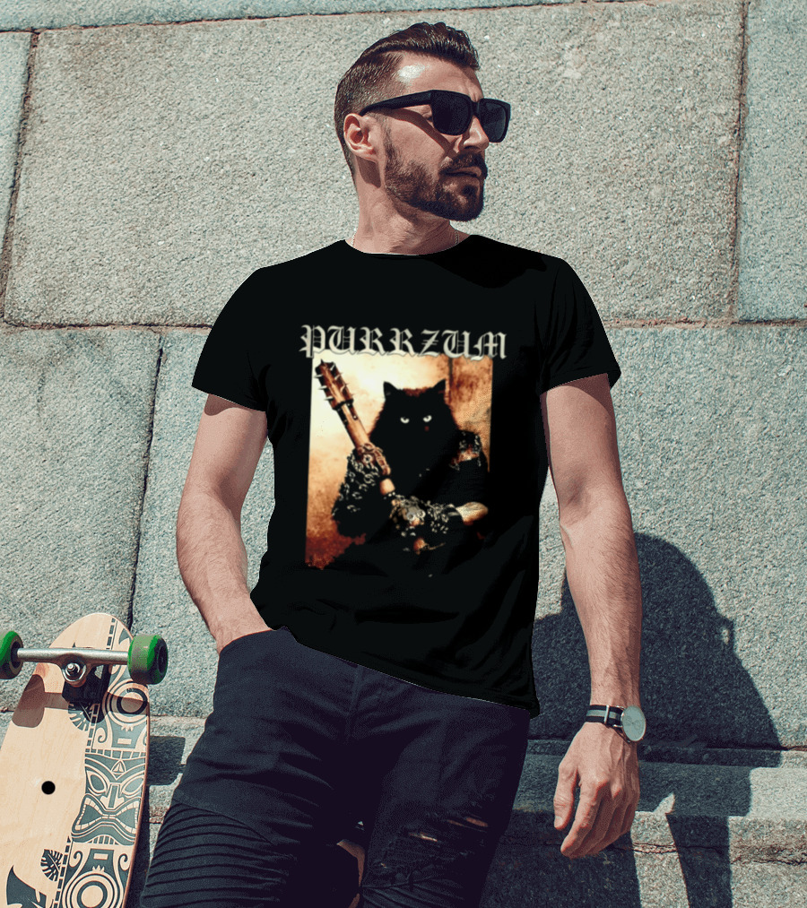 Purrzum Cat Black Metal Aesthetic Feline Holding Guitar T-Shirt
