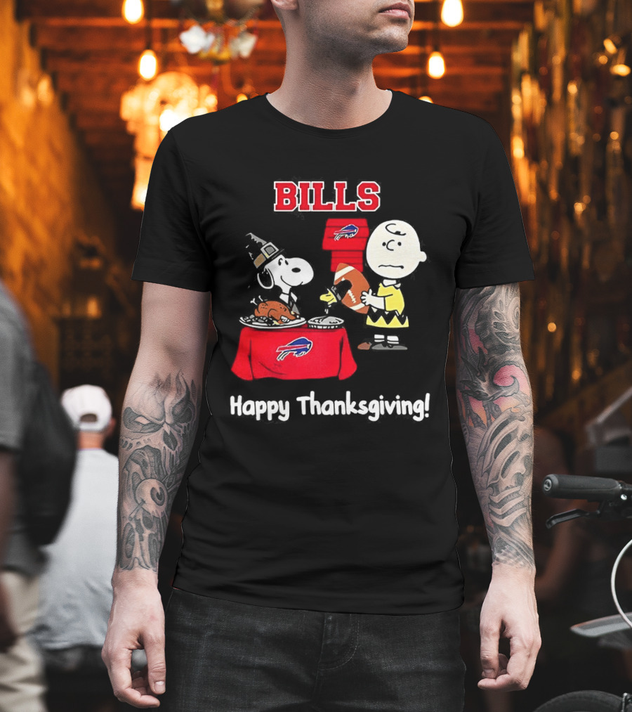 Snoopy and Charlie Brown Celebrate Buffalo Bills Happy Thanksgiving T-Shirt