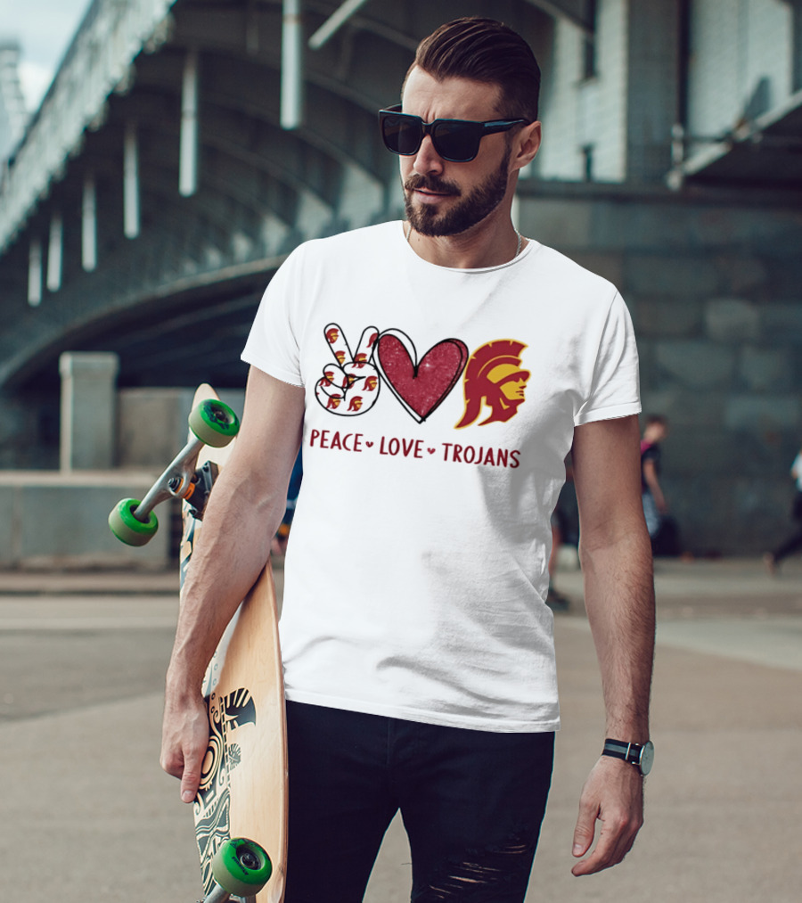 USC Trojans Peace Love Hand Sign Heart Shape T-Shirt