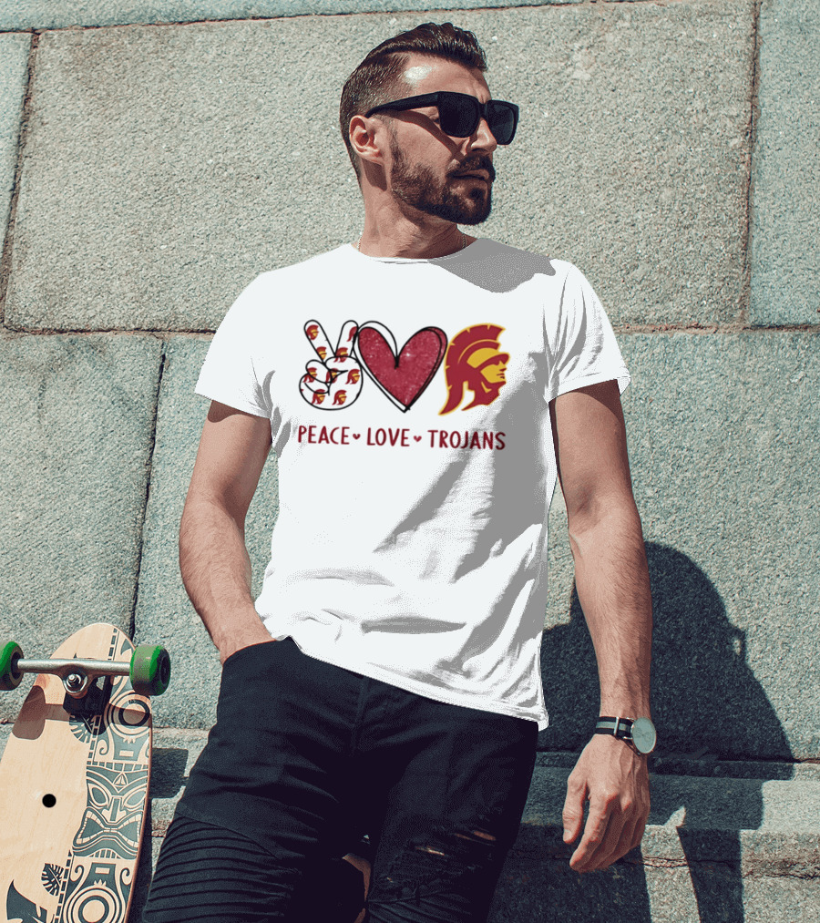 USC Trojans Peace Love Hand Sign Heart Shape T-Shirt