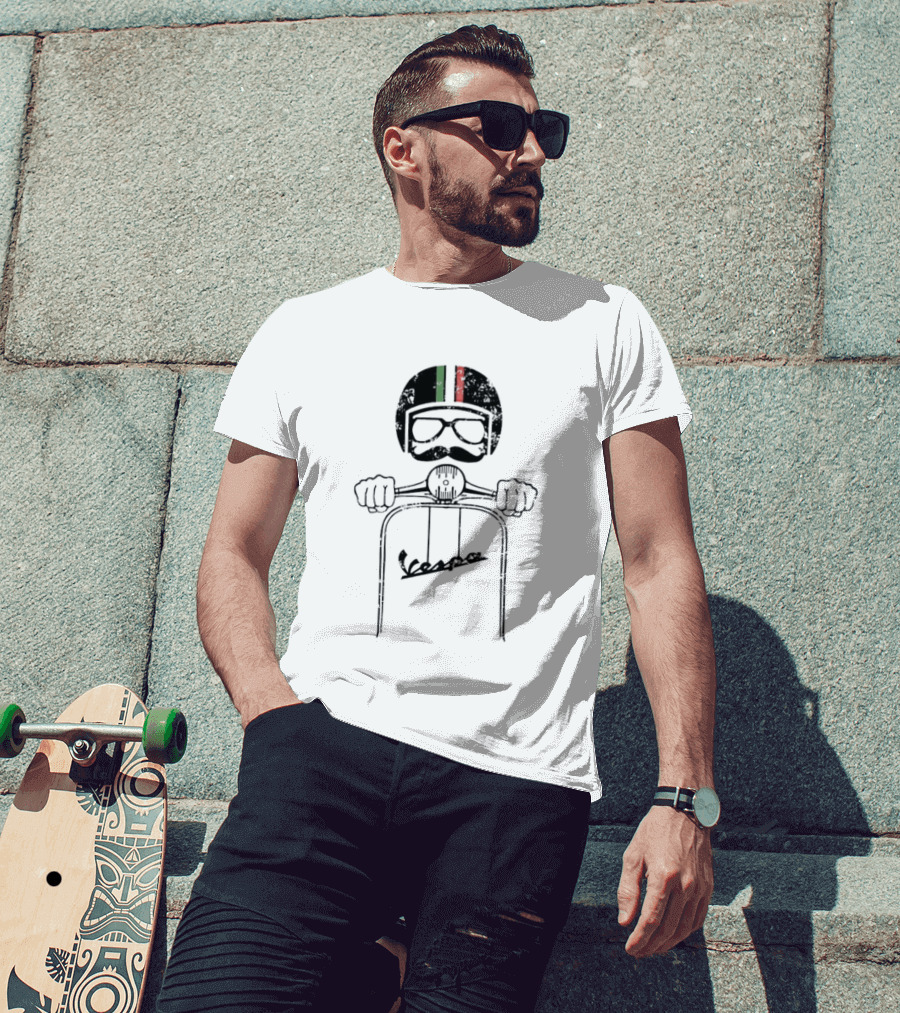 Vespa Piaggio Hipster Distressed Helmet With Italian Flag And Mustache T-Shirt