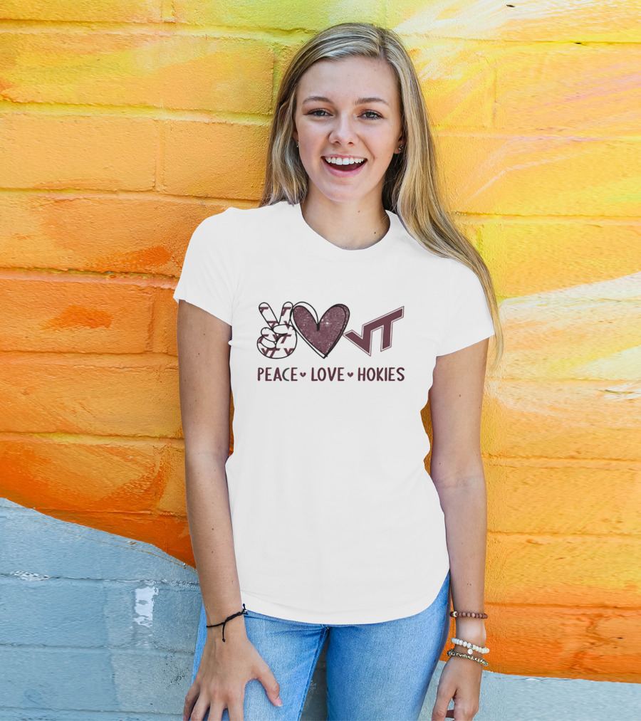 Peace Love Hokies VT Hand Sign Heart Shape Virginia Tech Football T-Shirt