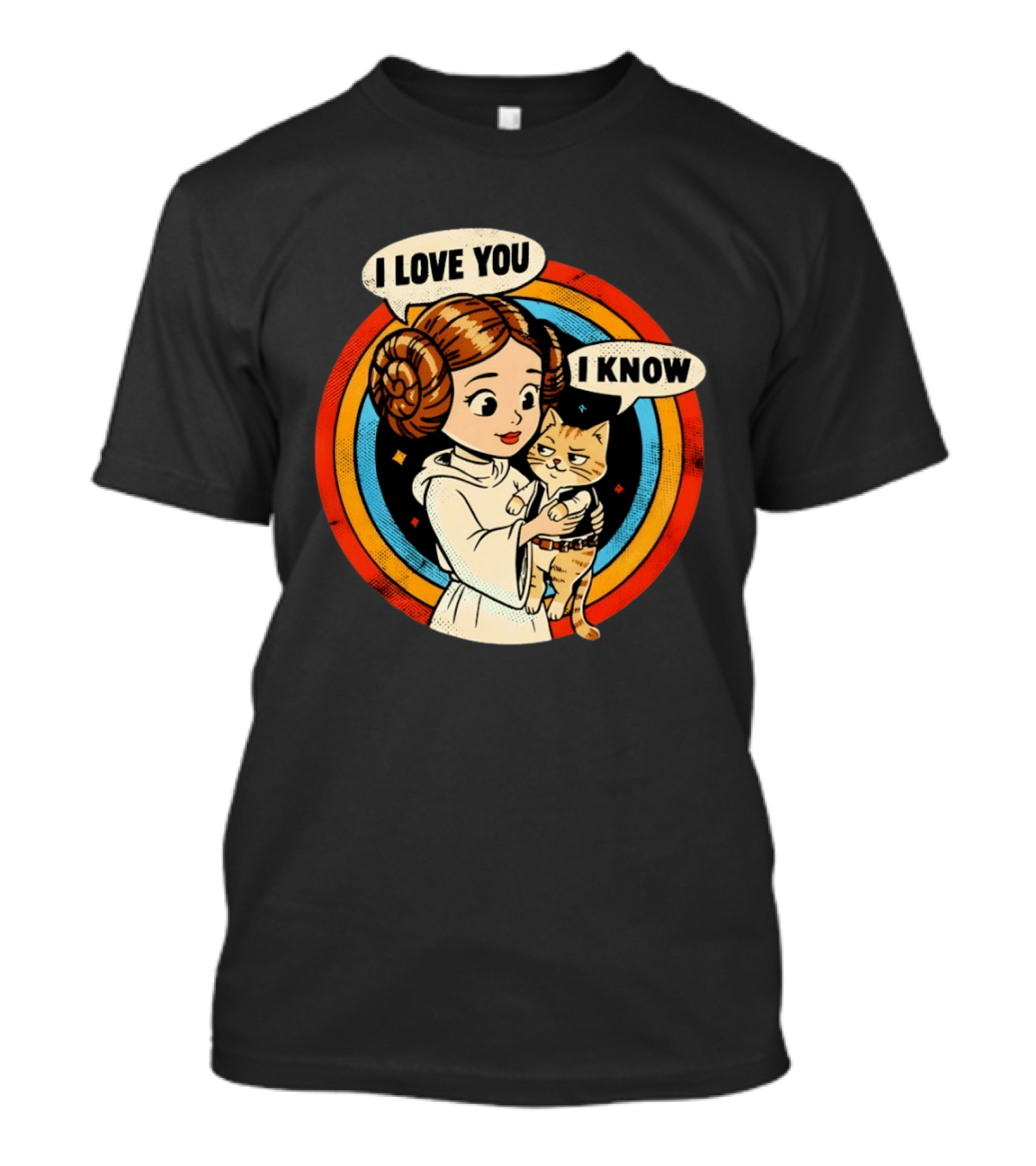 Princess Leia Style Girl Holding Cat I Love You I Know Retro 70s Cartoon T-Shirt