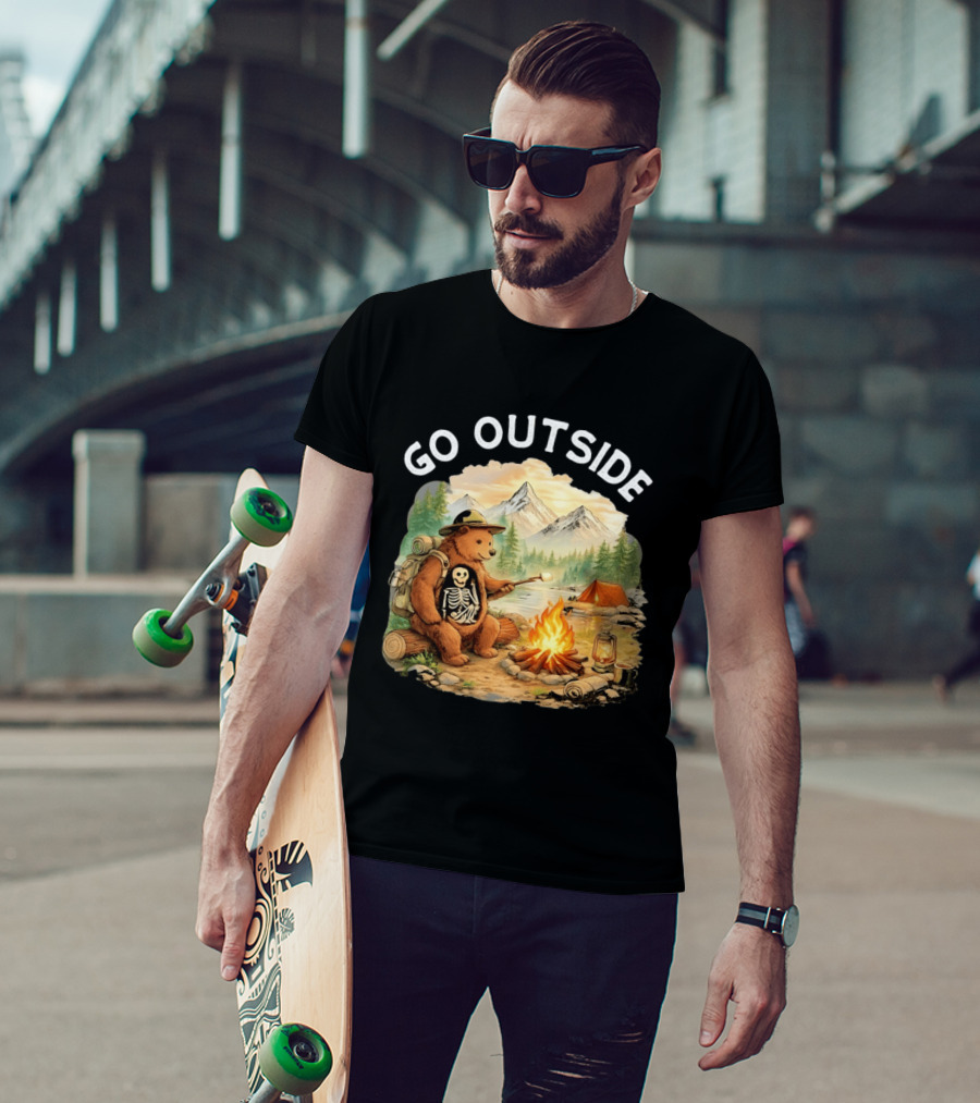 Hiking Bear Campfire Skeleton Inside Bear's Stomach Go Outside T-Shirt
