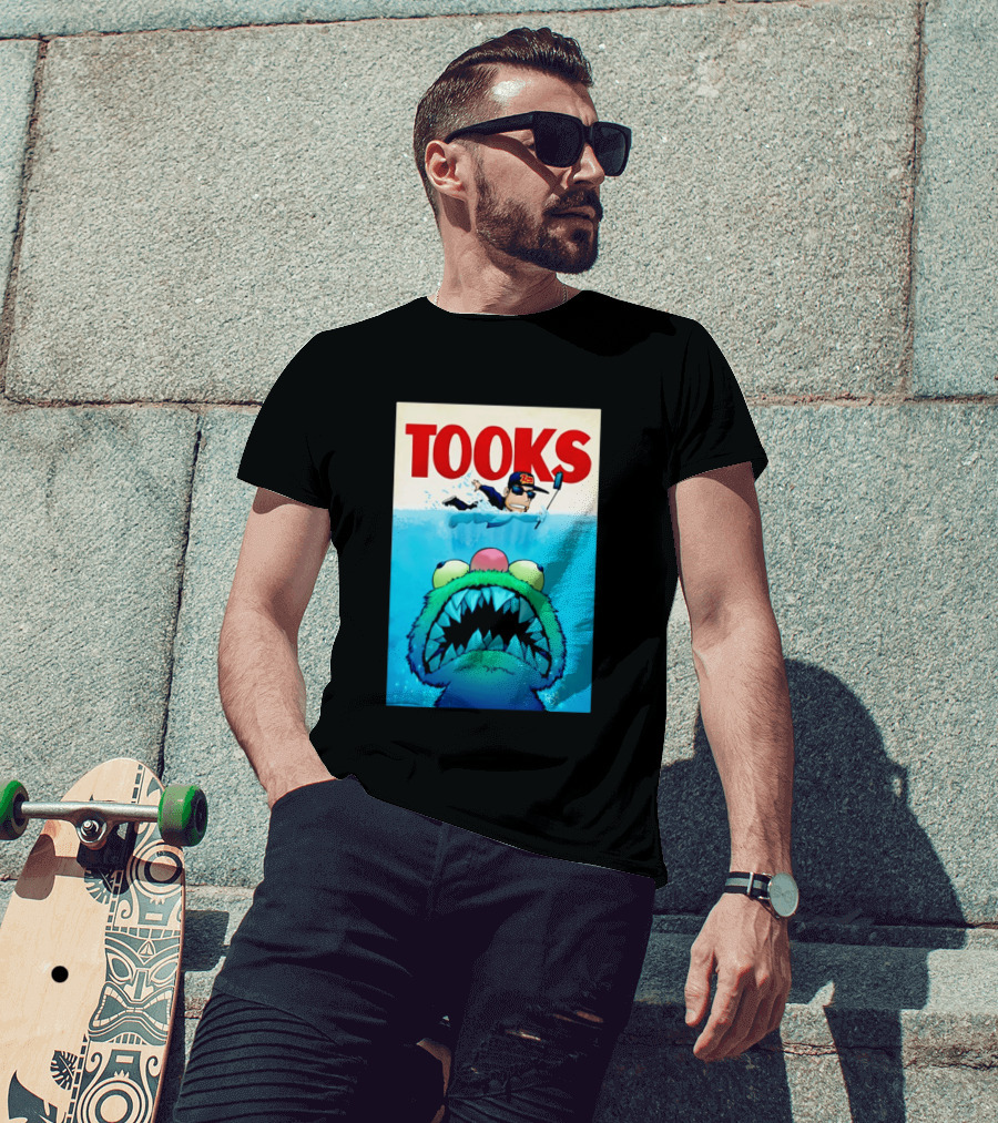TOOKS Cartoon Giant Monster Inspired By Jaws With Diver And Cap T-Shirt