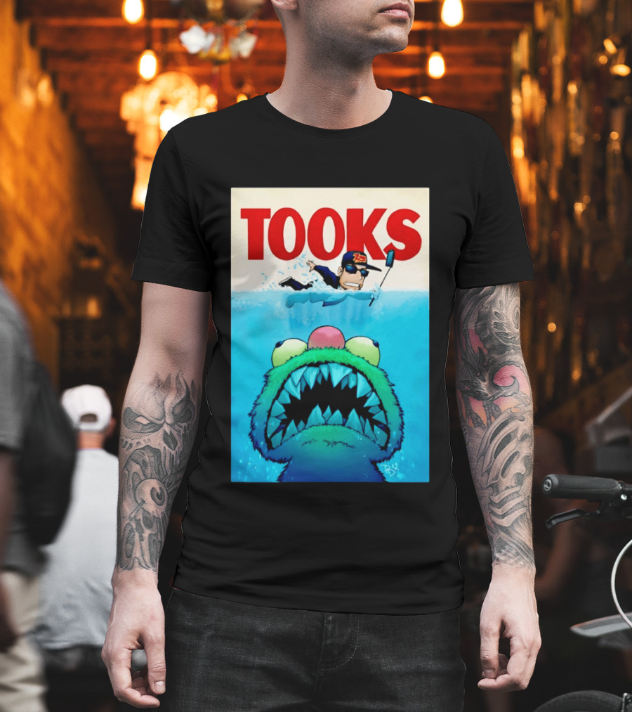 TOOKS Cartoon Giant Monster Inspired by Jaws with Diver and Cap T-Shirt