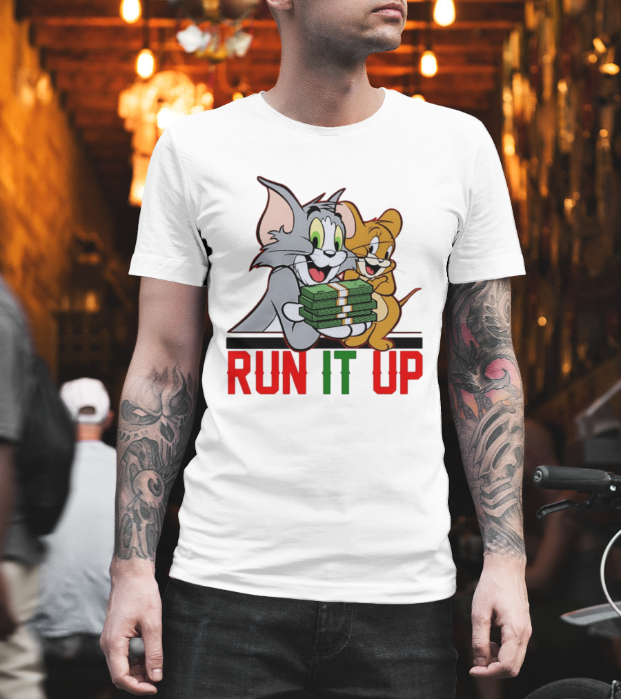 Tom and Jerry Holding Money Run It Up T-Shirt