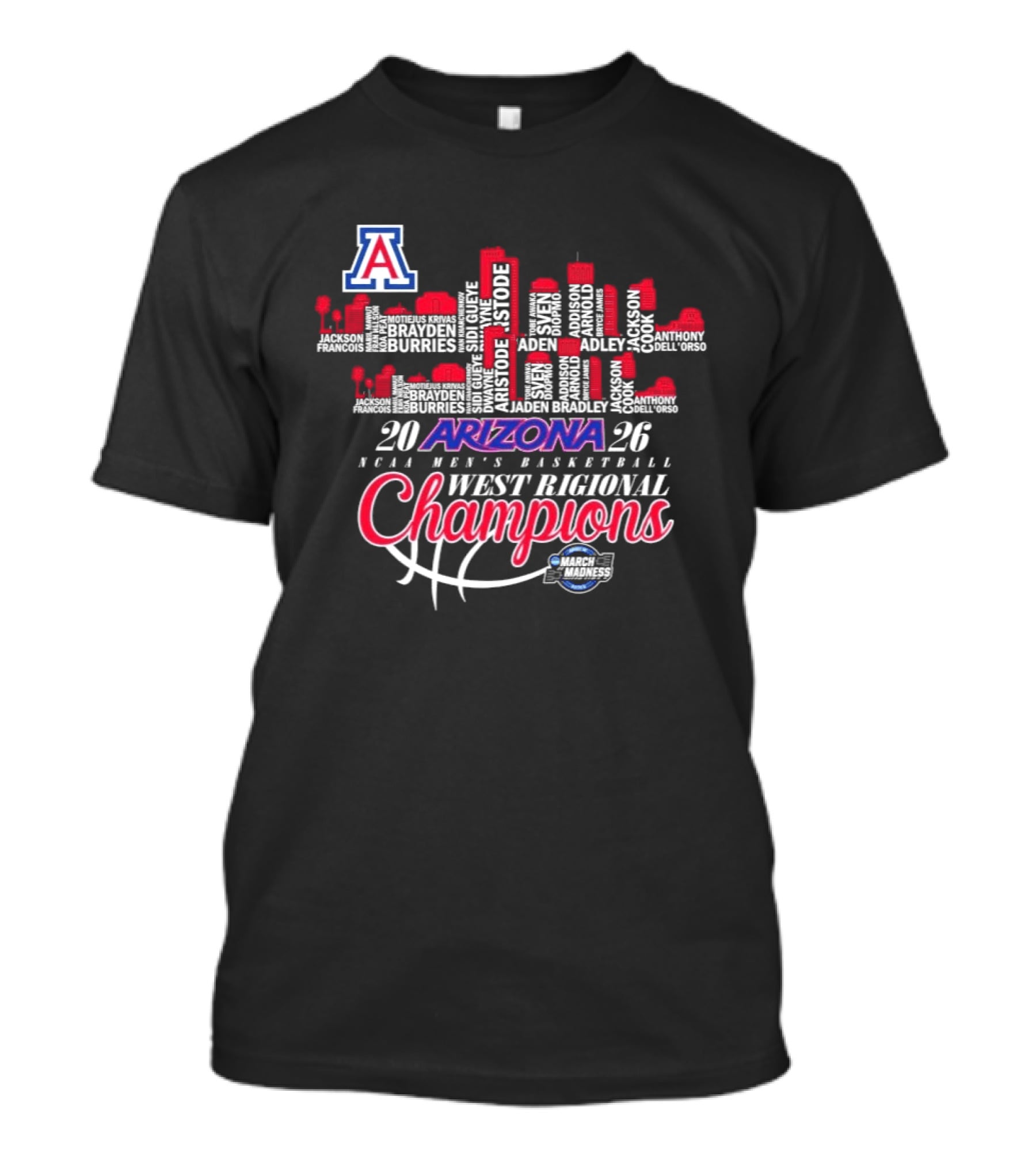 Arizona Wildcats 2026 NCAA Men's Basketball West Regional Champions Skyline T-Shirt