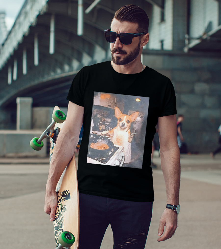 Chihuahua In Apron Cooking While Smoking In Vintage Kitchen Scene T-Shirt