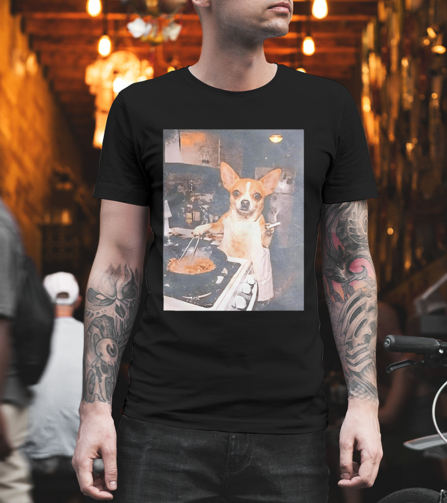 Chihuahua in Apron Cooking While Smoking in Vintage Kitchen Scene T-Shirt