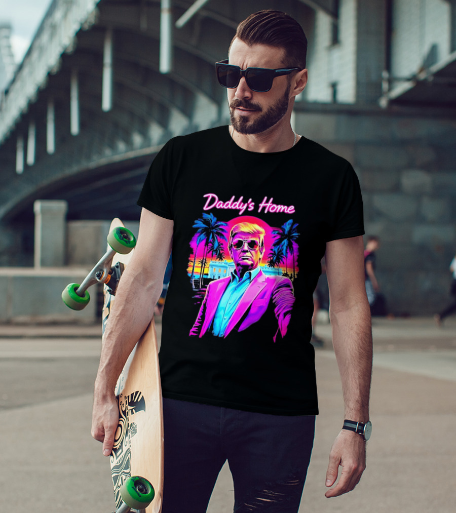 Daddy's Home Donald Trump Synthwave Sunset Beach Scene T-Shirt