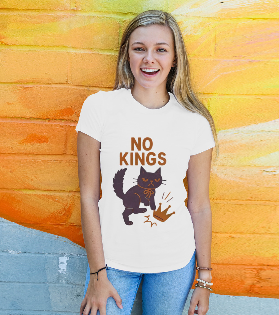 No Kings Black Cat Kicking Crown T-Shirt