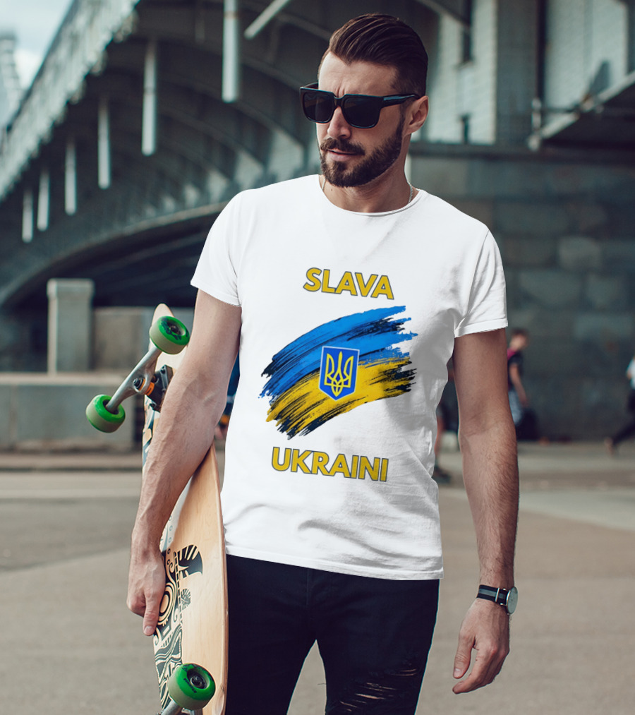 Slava Ukraini Emblem With Blue And Yellow Brush Strokes T-Shirt
