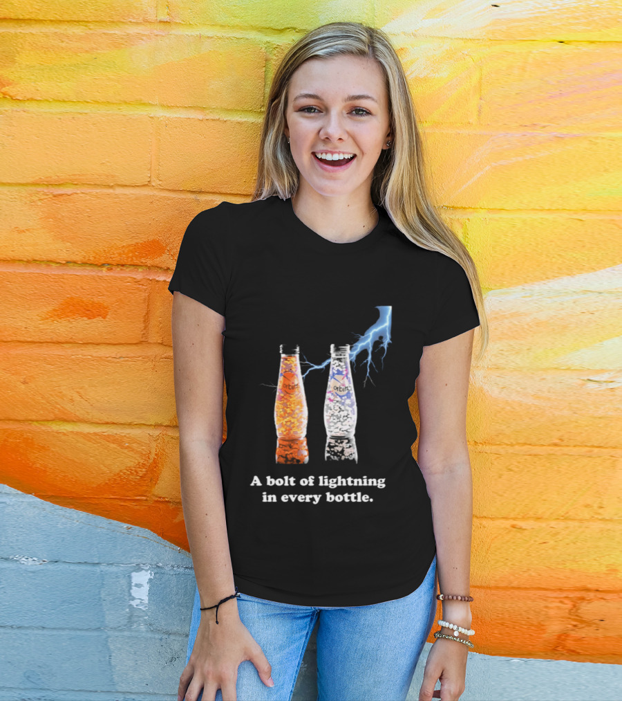 Orbitz A Bolt Of Lightning In Every Bottle Drink Bottles With Lightning Blue And Orange T-Shirt