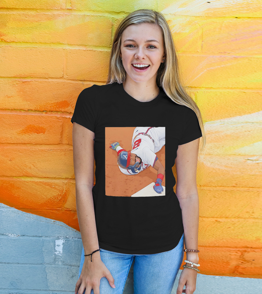 Ronald Acuna Jr Atlanta Braves Outfielder Sliding Baseball Action T-Shirt