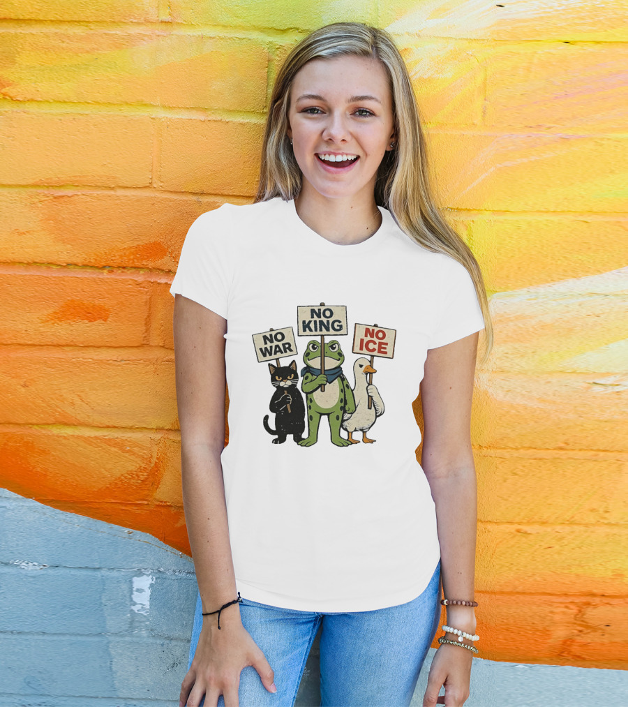 Black Cat Holing No War Frog Holding No King And Goose Holding No ICE Sign T-Shirt