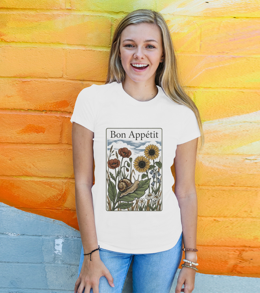 Bon Appétit Floral Snail Sunflowers And Poppies T-Shirt