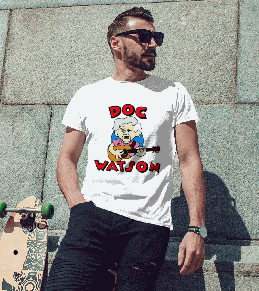 Doc Watson Cartoon Guitar Player Iconic Folk Music Legend T-Shirt