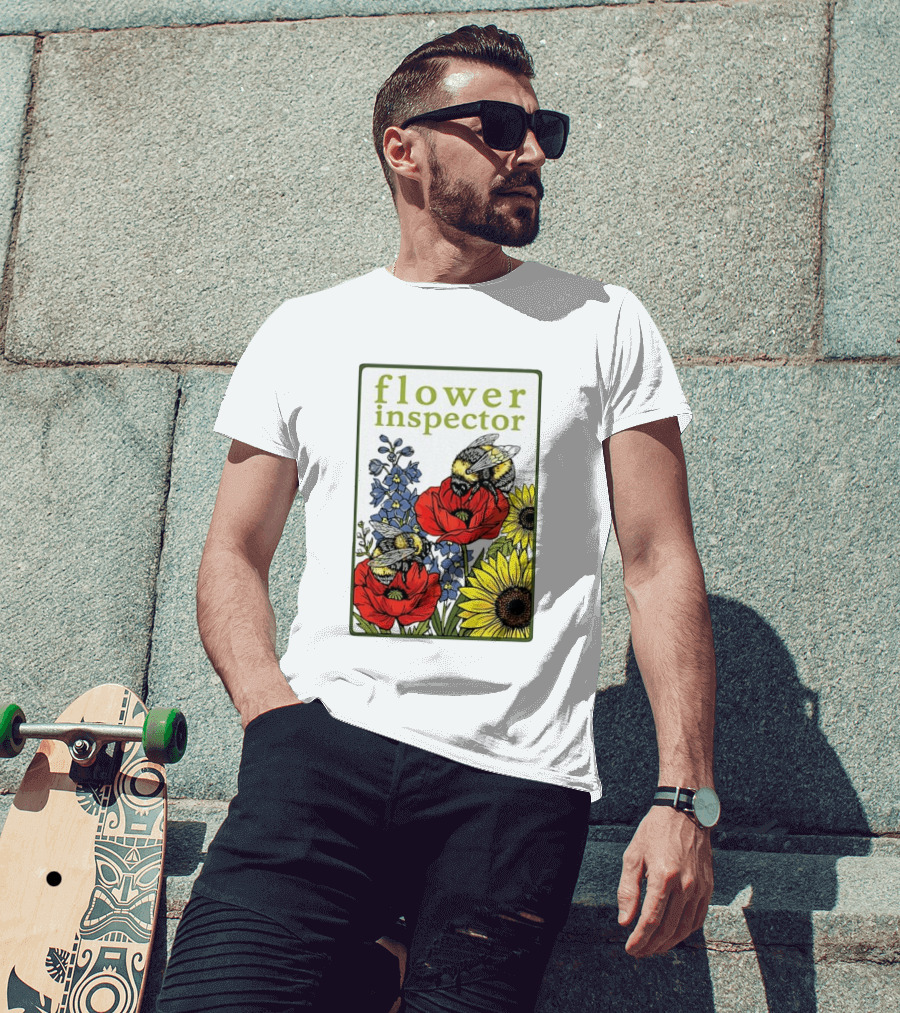 Flower Inspector Bees On Poppy Sunflower Bluebell Blossom T-Shirt
