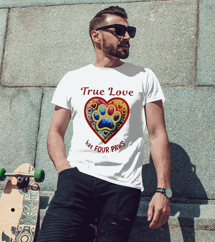 True Love Has Four Paws Heart With Colorful Paw Print And Hearts T-Shirt