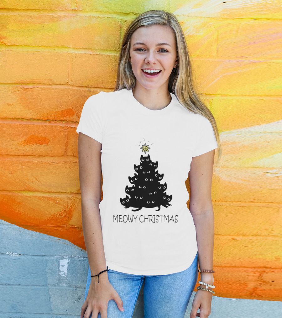 Black Cat Pine Tree Shape Meowy Christmas Star T-Shirt