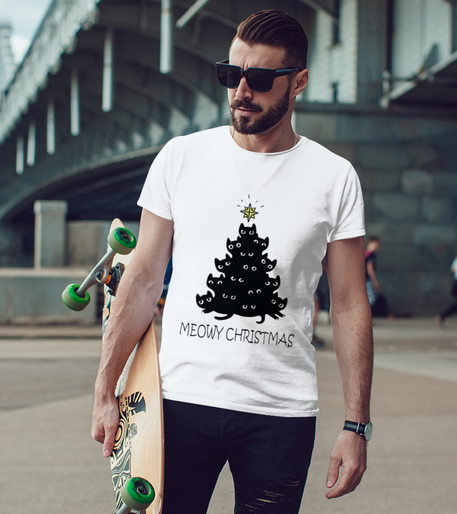 Black Cat Pine Tree Shape Meowy Christmas Star T-Shirt