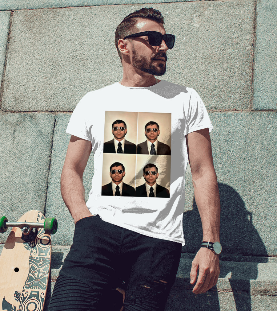 SGM Mike Vining Blasting Through Iconic Sunglasses Suit Portrait Quad T-Shirt