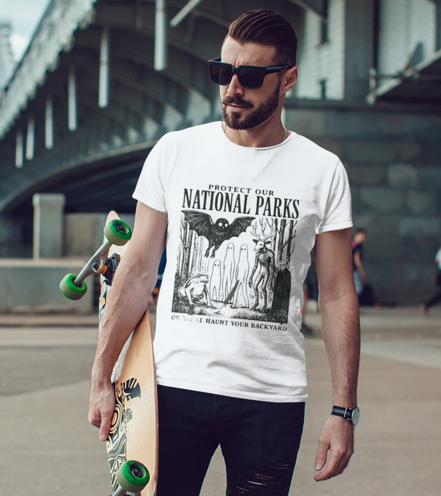 Protect Our National Parks Mothman Bigfoot Ghost Deer Cryptid Horror Characters T-Shirt